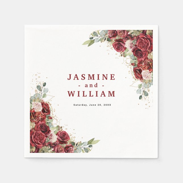 Boho  Burgundy Blommigt Guld Geometric Bröllop Pappersservett (Framsidan)