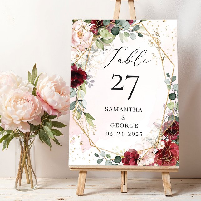 Boho burgundy blommigt guld geometric eucalyptus bordsnummer (Boho blush burgundy eucalyptus gold geometric wedding table number )