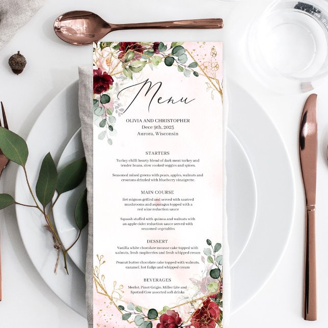 Boho  burgundy blommigt guld geometrisk bröllop meny (Modern blush and burgundy floral gold geometric boho wedding dinner menu )