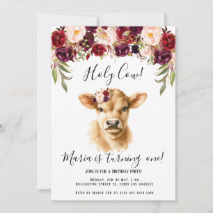 Boho Burgundy Blommigt Peony Highland Cow Birthday Inbjudningar