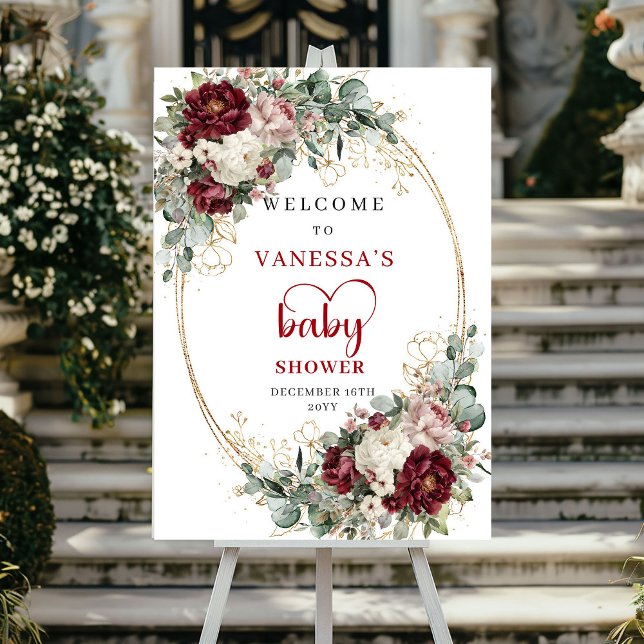 Boho Burgundy Blommor Guld Baby Shower Välkommen Poster (Boho Burgundy Flowers Gold Baby Shower Welcome)