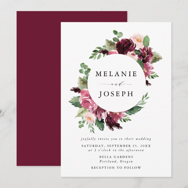 Boho Burgundy & Blush Akvarell Blommig Bröllop Inbjudningar (Fram/baksida)