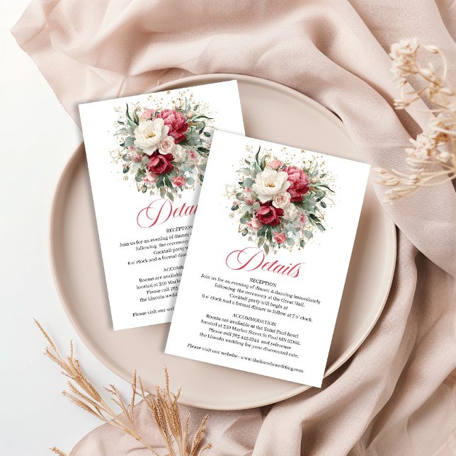 Boho Burgundy Blush Blommig Bröllopsdetaljkort Tilläggskort (Boho Burgundy Blush Floral Wedding Details Card)