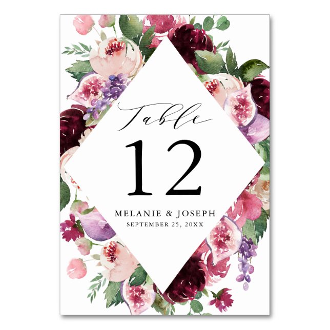 Boho Burgundy & Blush Blommig & Frukt Bröllop Bordsnummer (Framsidan)