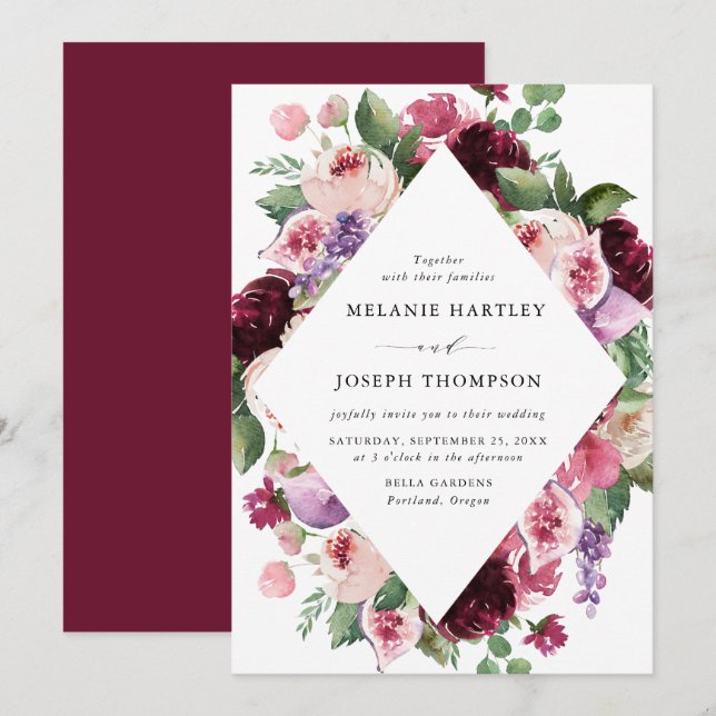 Boho Burgundy & Blush Blommig & Frukt Bröllop Inbjudningar (Fram/baksida)