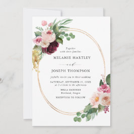 Boho Burgundy & Blush Blommig Guld Ram Bröllop Inbjudningar