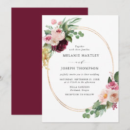 Boho Burgundy & Blush Blommig Guld Ram Bröllop Inbjudningar