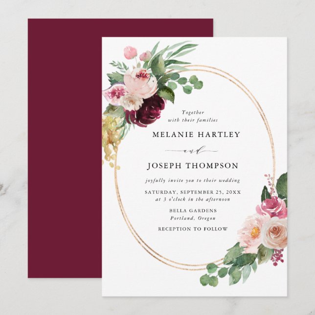 Boho Burgundy & Blush Blommig Guld Ram Bröllop Inbjudningar (Fram/baksida)