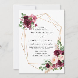 Boho Burgundy & Blush Blommig Guld Ram Bröllop Inbjudningar