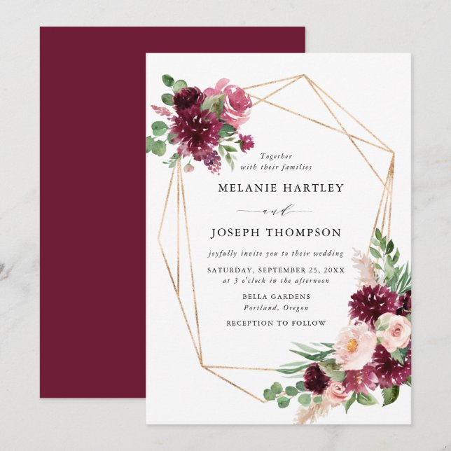 Boho Burgundy & Blush Blommig Guld Ram Bröllop Inbjudningar (Fram/baksida)