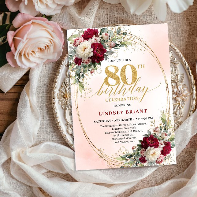 Boho Burgundy Blush Floral 80th Birthday Invite Inbjudningar (Boho Burgundy Blush Floral 80th Birthday Invitation)