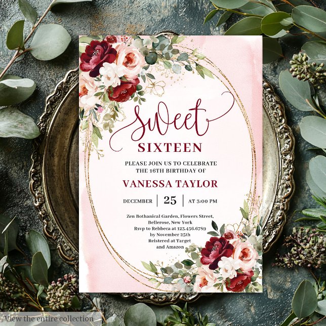 Boho Burgundy Blush Floral Sweet Sixteen Party Inbjudningar (Boho Burgundy Blush Floral Sweet Sixteen Party Invitation)
