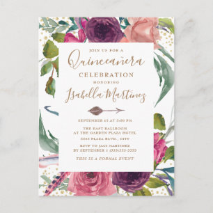 Boho Burgundy Blush Rosa Blommig Quinceañera Vykort