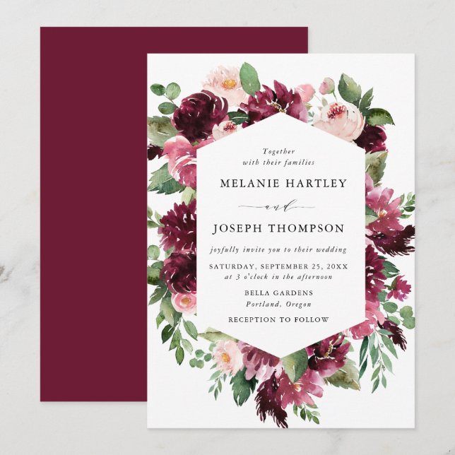 Boho Burgundy & Blush Watercolor Blommig Bröllop Inbjudningar (Fram/baksida)