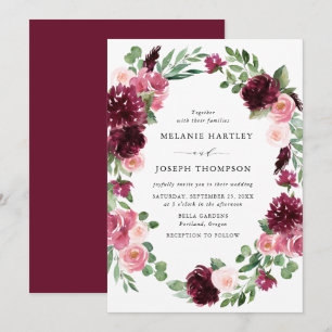 Boho Burgundy & Blush Watercolor Blommig Bröllop Inbjudningar