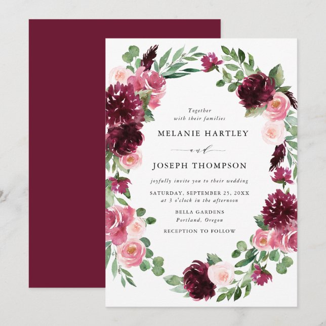 Boho Burgundy & Blush Watercolor Blommig Bröllop Inbjudningar (Fram/baksida)