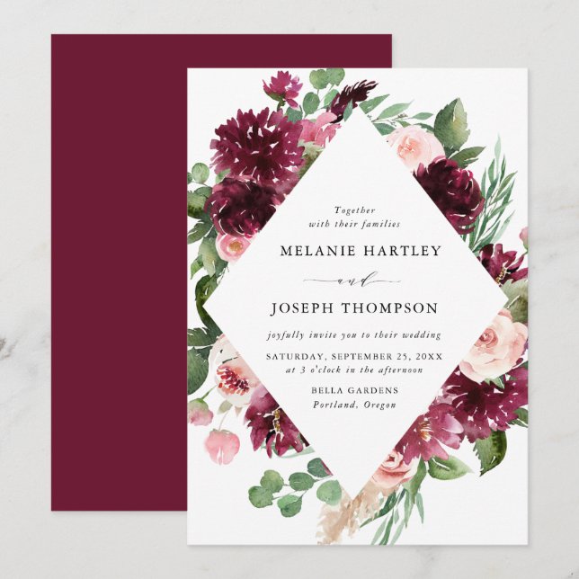 Boho Burgundy & Blush Watercolor Blommig Bröllop Inbjudningar (Fram/baksida)