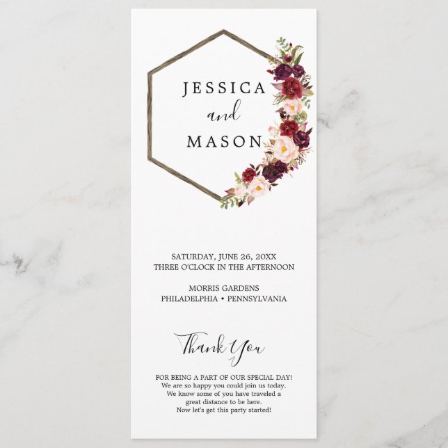 Boho Burgundy Bröllopsprogram Program (Framsida)