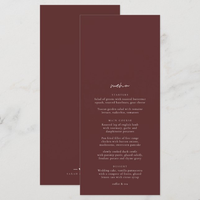Boho Burgundy Elegant Minimalist Bröllop Menu Meny (Fram/baksida)