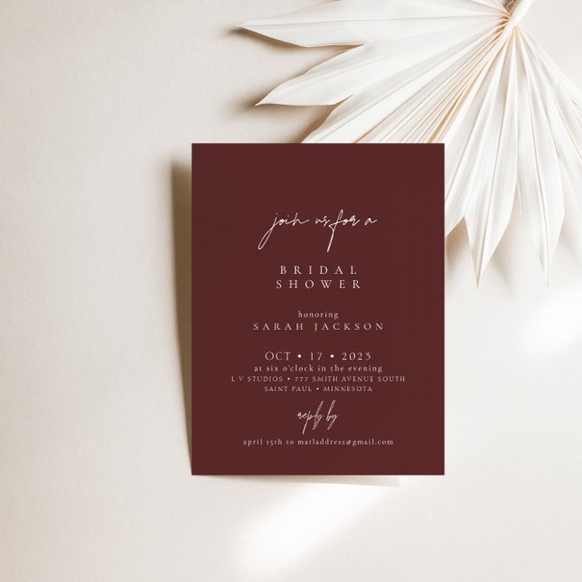 Boho Burgundy Elegant minimalistisk Möhippa i Inbjudningar (Boho Burgundy Elegant Minimalist Bridal Shower Invitation)