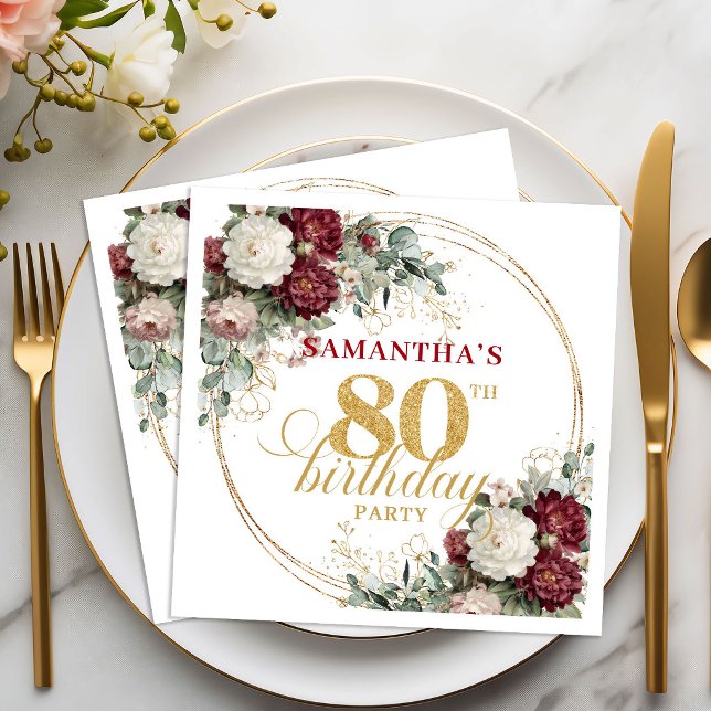 Boho Burgundy Eucalyptus 80-års födelsedags servet Pappersservett (Boho Burgundy Eucalyptus 80th Birthday Napkins)