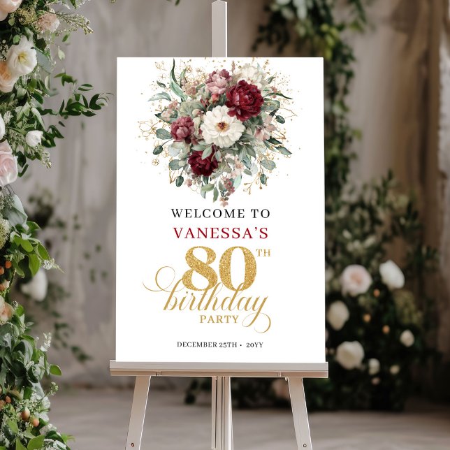 Boho Burgundy Eucalyptus 80 Födelsedags Välkomstsk Poster (Boho Burgundy Eucalyptus 80th Birthday Welcome Sign)