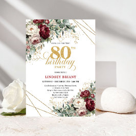 Boho Burgundy Eucalyptus Floral 80th Birthday Inbjudningar