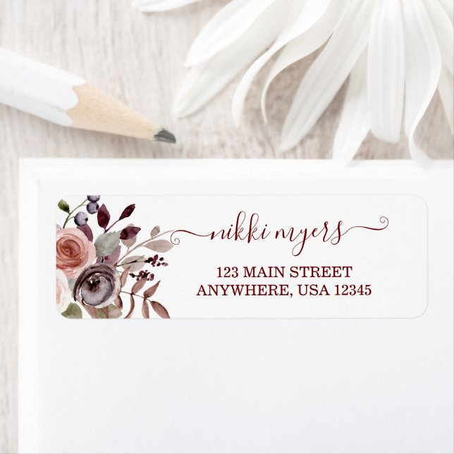 Boho Burgundy fall blommigt bröllop-etikett Returadress Etikett (Insitu)