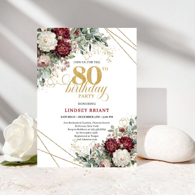 Boho Burgundy Floral 80th Birthday Invitation Inbjudningar (Boho Burgundy Floral 80th Birthday)