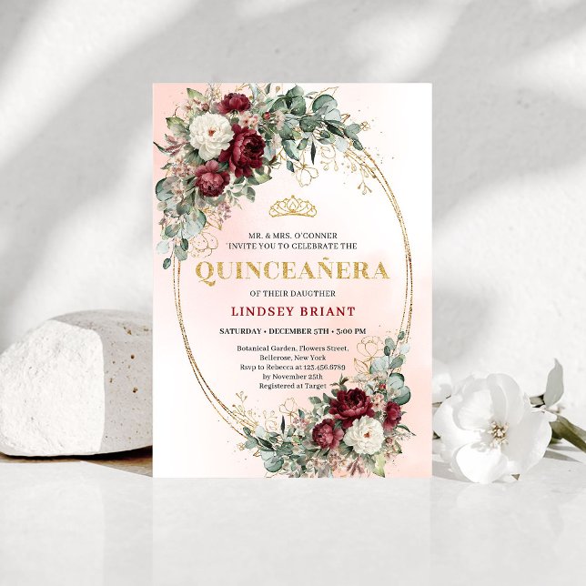 Boho Burgundy Floral Gold Quinceañera Invitation Inbjudningar (Boho Burgundy Floral Gold Quinceañera Invitation)