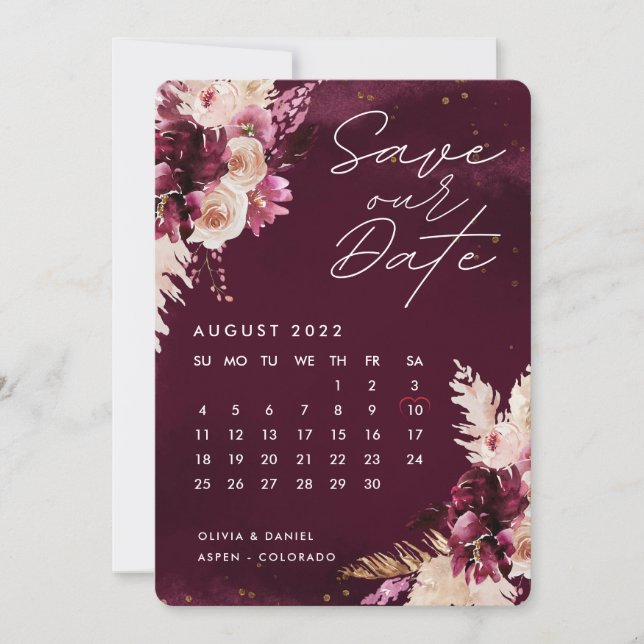 Boho Burgundy Flowers Calendar sparar datumet  Inbjudningar (Framsida)