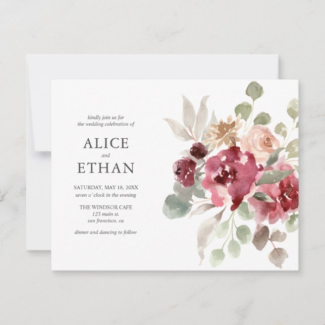 Boho Burgundy Flowers Eucalyptus Bröllop Inbjudningar (Framsida)