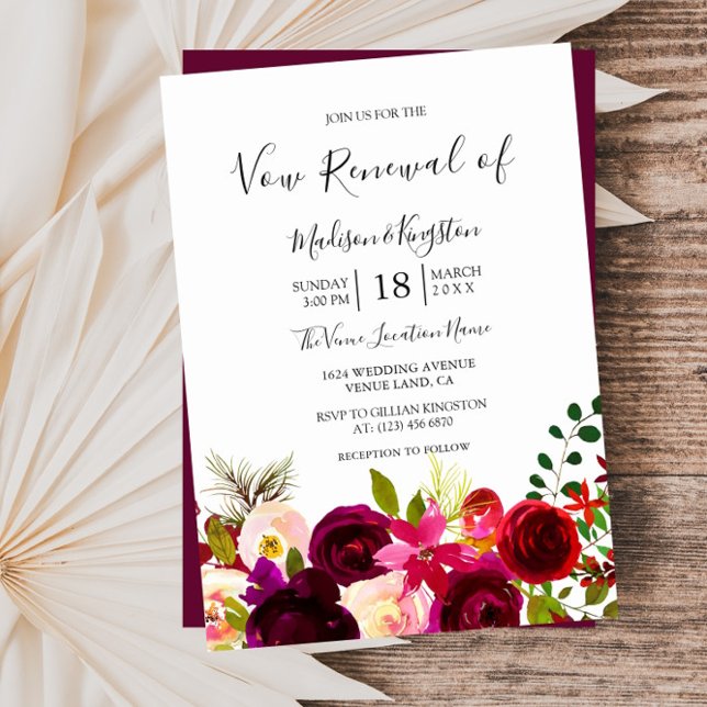 Boho Burgundy Flowers Vow Renewal-inbjudan Inbjudningar (Skapare uppladdad)