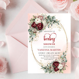 Boho Burgundy Greenery Heart-Shaped Font Baby Show Inbjudningar