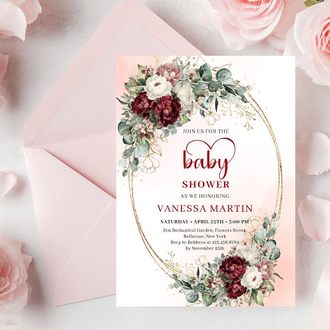 Boho Burgundy Greenery Heart-Shaped Font Baby Show Inbjudningar (Boho Burgundy Greenery Heart-Shaped Font Baby Shower Invite)