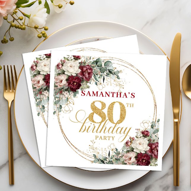 Boho Burgundy Grönska 80-års Födelsedags Servetter (Boho Burgundy Greenery 80th Birthday Napkins)