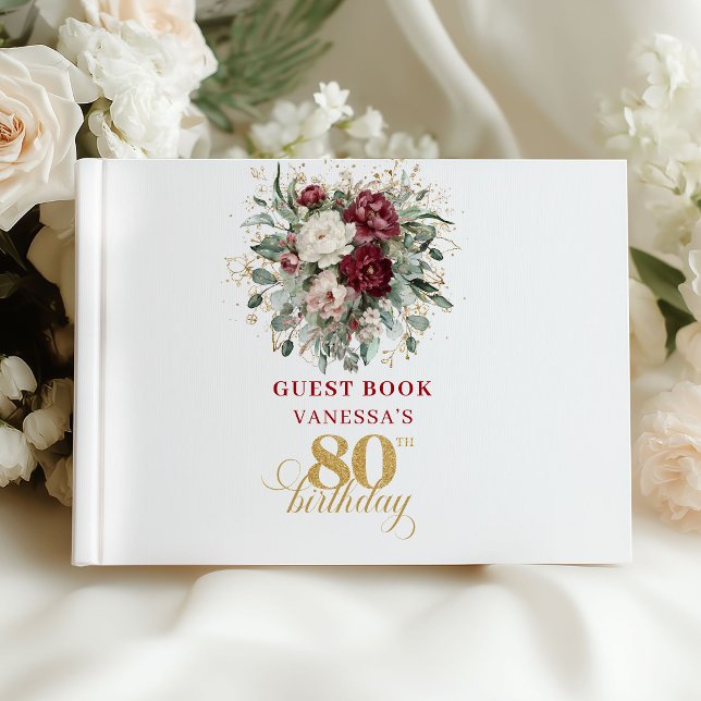 Boho Burgundy Grönska Gästbok för 80-årsfirande (Boho Burgundy Greenery 80th Birthday Guest Book)