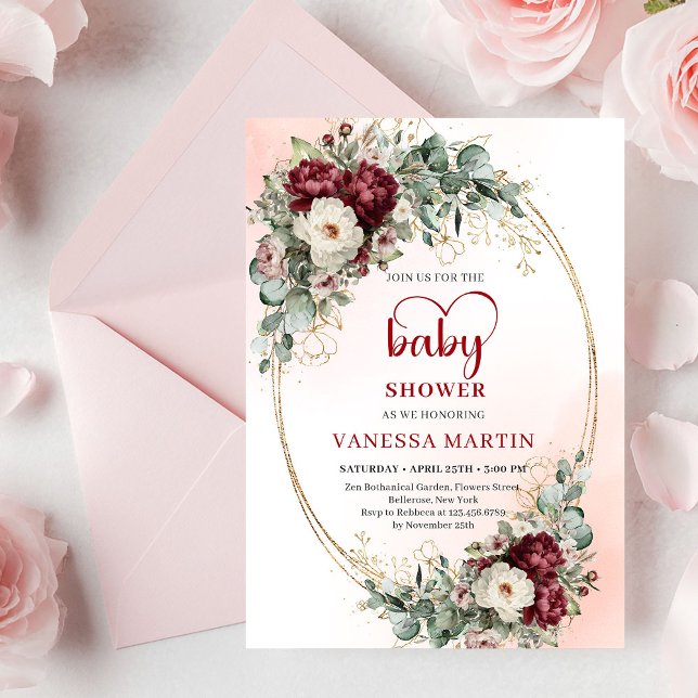 Boho Burgundy Grönska Guld Bebis Shower Inbjudan (Boho Burgundy Greenery Gold Baby Shower Invite)