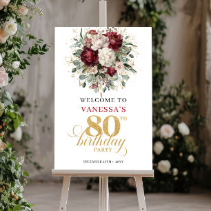 Boho Burgundy Grönska Välkomstskylt för 80-årsfira Poster
