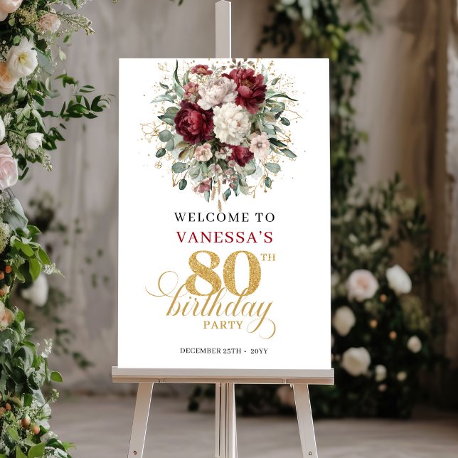Boho Burgundy Grönska Välkomstskylt för 80-årsfira Poster (Boho Burgundy Greenery 80th Birthday Welcome Sign)