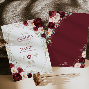 Boho Burgundy Guld Flowers Geometric Bröllop Inbjudningar