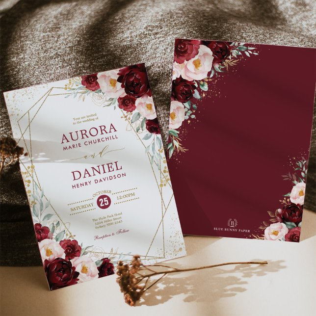 Boho Burgundy  Guld Flowers Geometric Bröllop Inbjudningar (Skapare uppladdad)