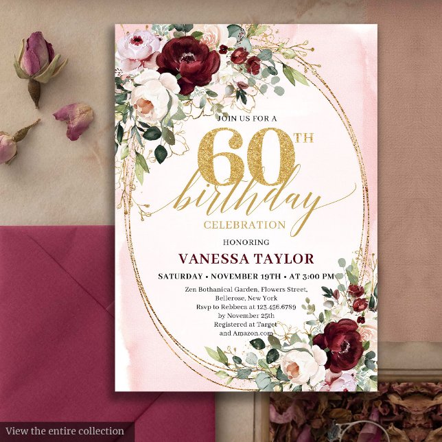 Boho Burgundy Guld Oval Blommig 60-års Födelsedags Inbjudningar (Boho Burgundy Gold Oval Floral 60th Birthday)