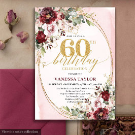 Boho Burgundy Guld Ram Floral 60-årsdag Inbjudningar
