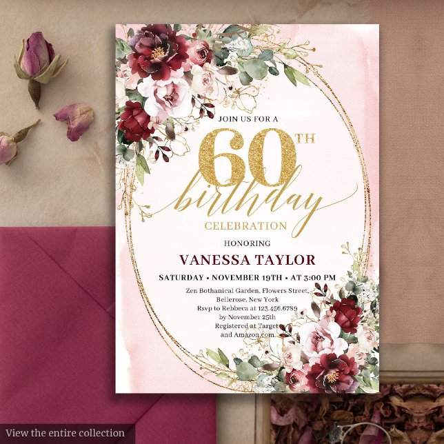 Boho Burgundy Guld Ram Floral 60-årsdag Inbjudningar (Boho Burgundy Gold Frame Floral 60th Birthday)