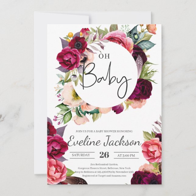 Boho Burgundy Maroon Blommigt Baby Shower Inbjudan (Framsida)