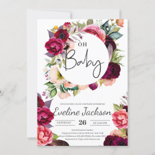 Boho Burgundy Maroon Blommigt Baby Shower Inbjudan