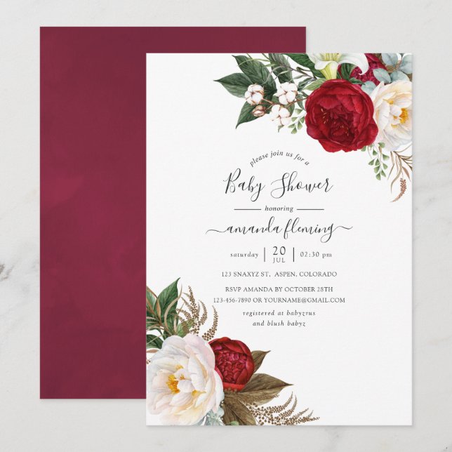 Boho Burgundy - Marsala Blommig Baby Shower Inbjudningar (Fram/baksida)