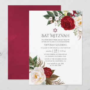 Boho Burgundy - Marsala Blommig Bar Mitzvah Inbjudningar