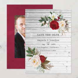 Boho Burgundy - Marsala Blommig Bröllopsfoto Spara Datumet